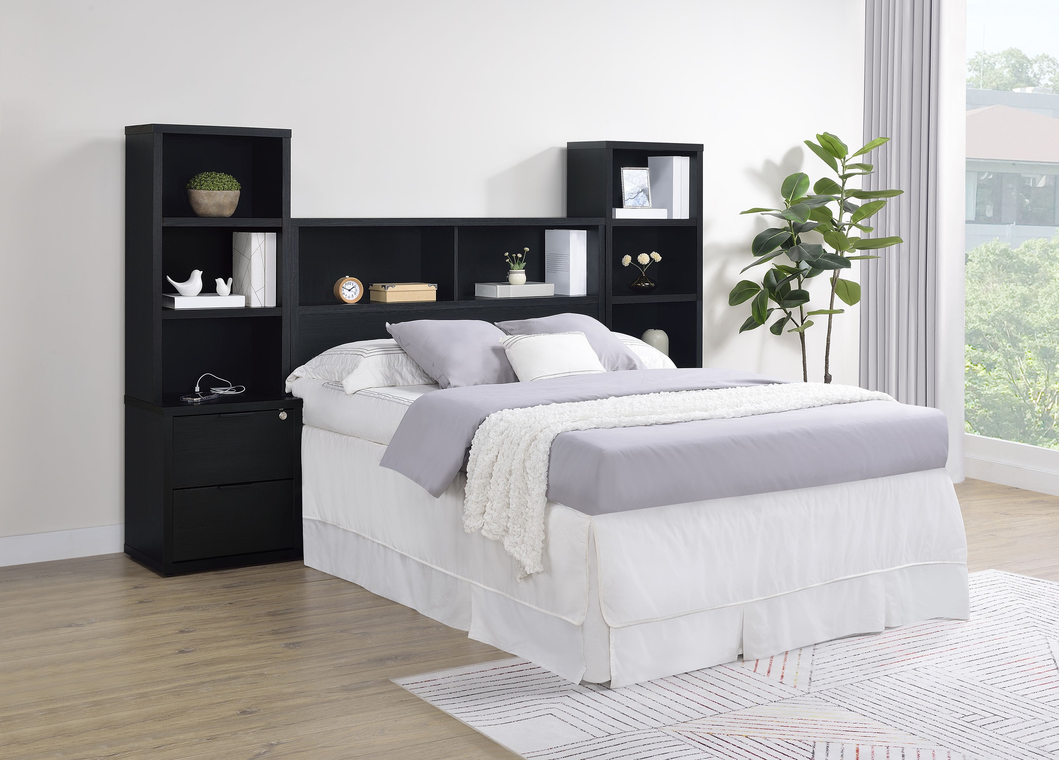 Ensemble de chambre à coucher complet 3 pièces Westpark avec bibliothèque et tête de lit noire