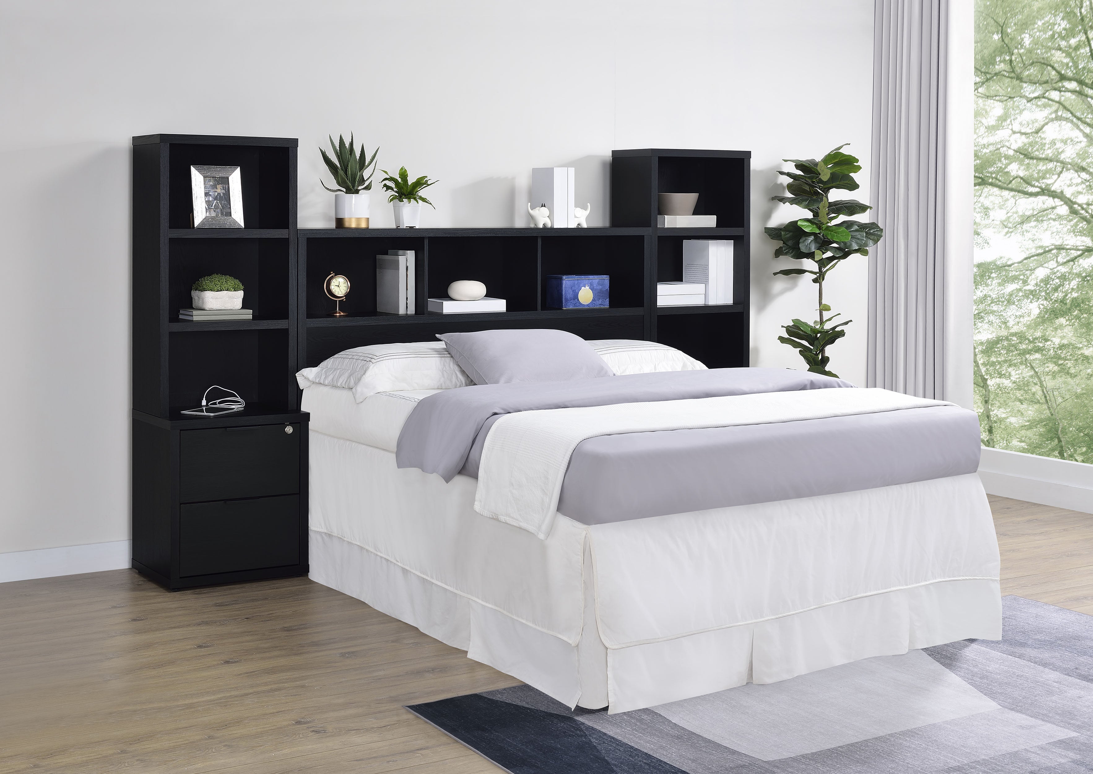 Ensemble de chambre à coucher 3 pièces Westpark avec lit Queen Size, bibliothèque et tête de lit noires
