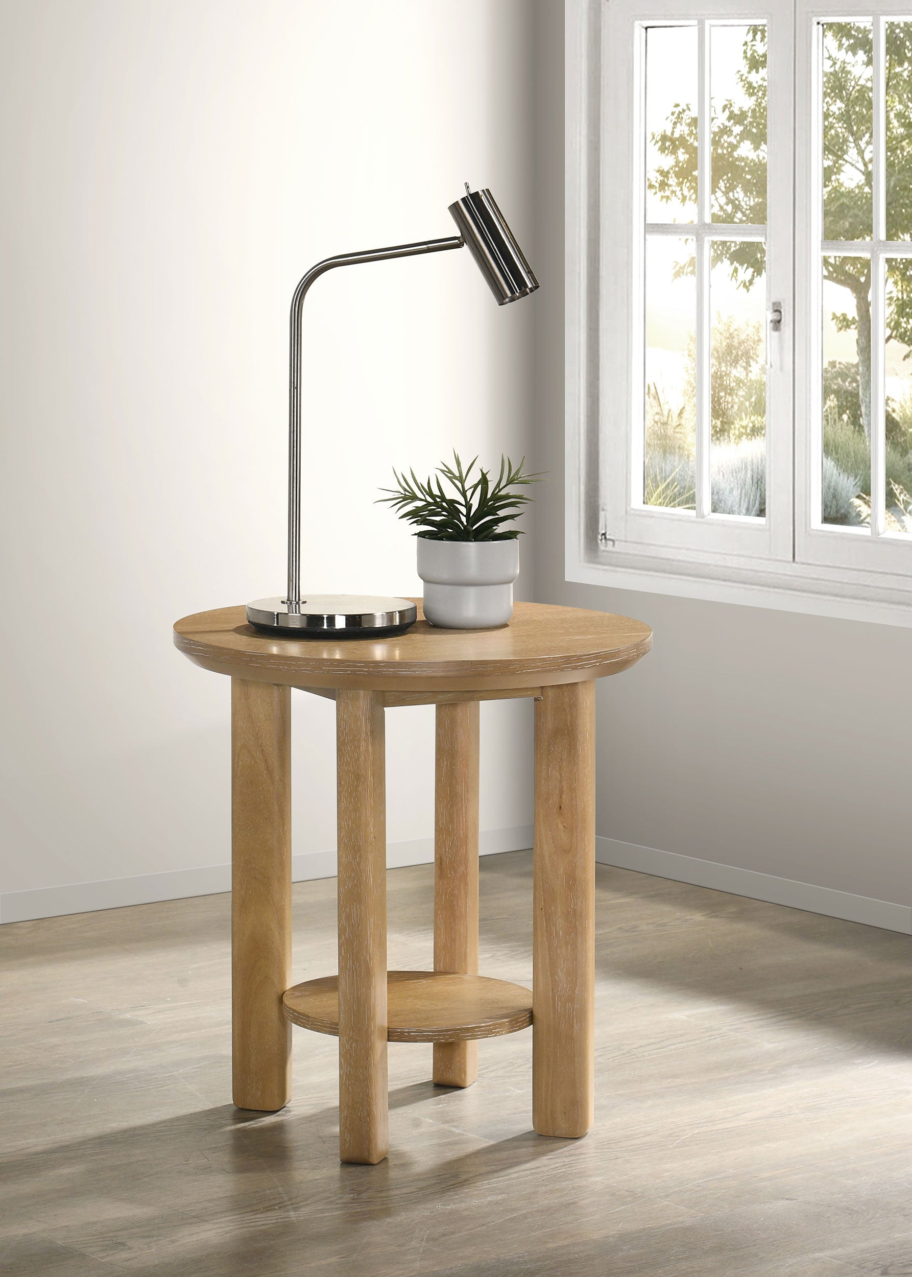 Table d'appoint ronde en bois Ottowa avec étagère en chêne clair