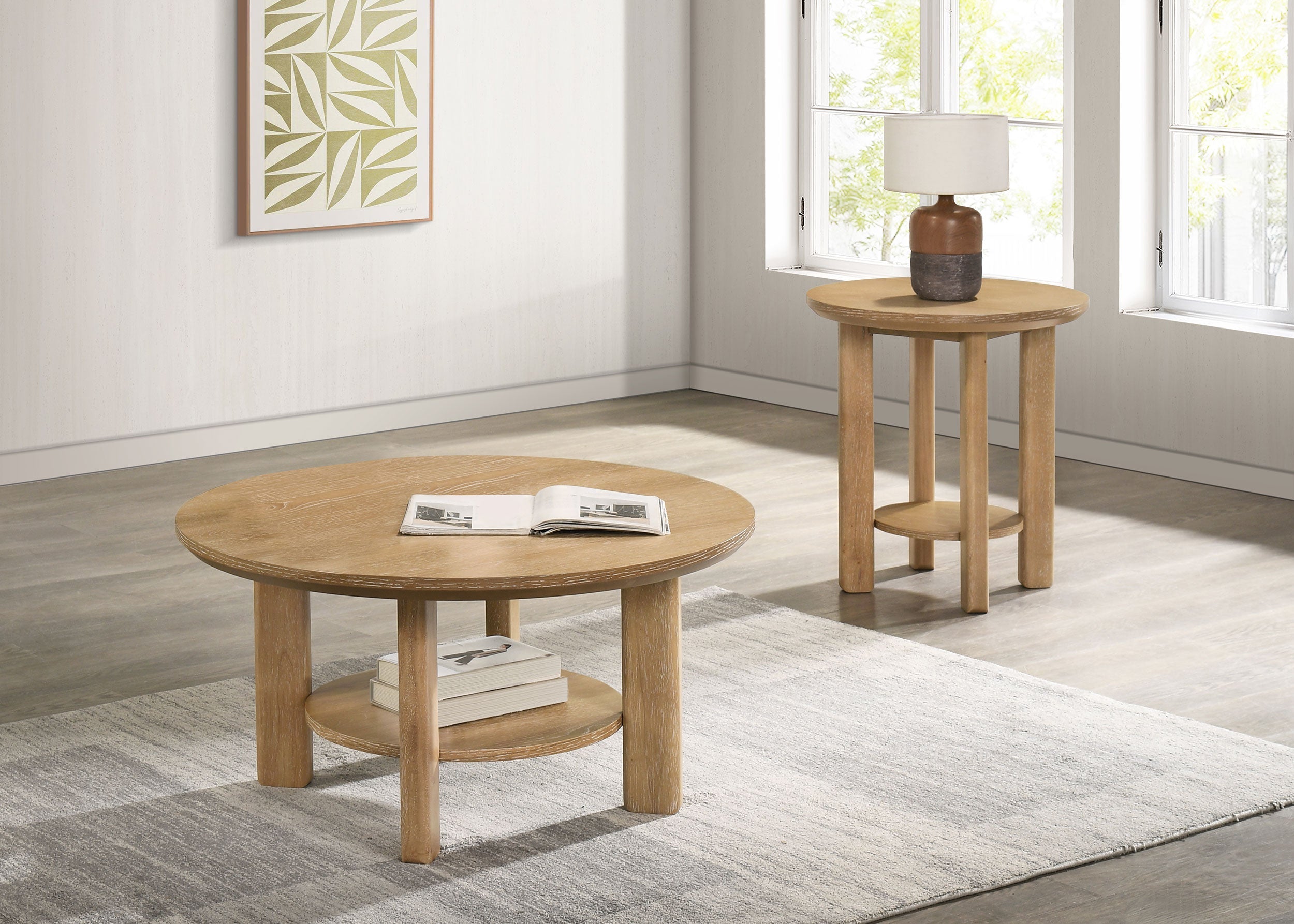 Table d'appoint ronde en bois Ottowa avec étagère en chêne clair